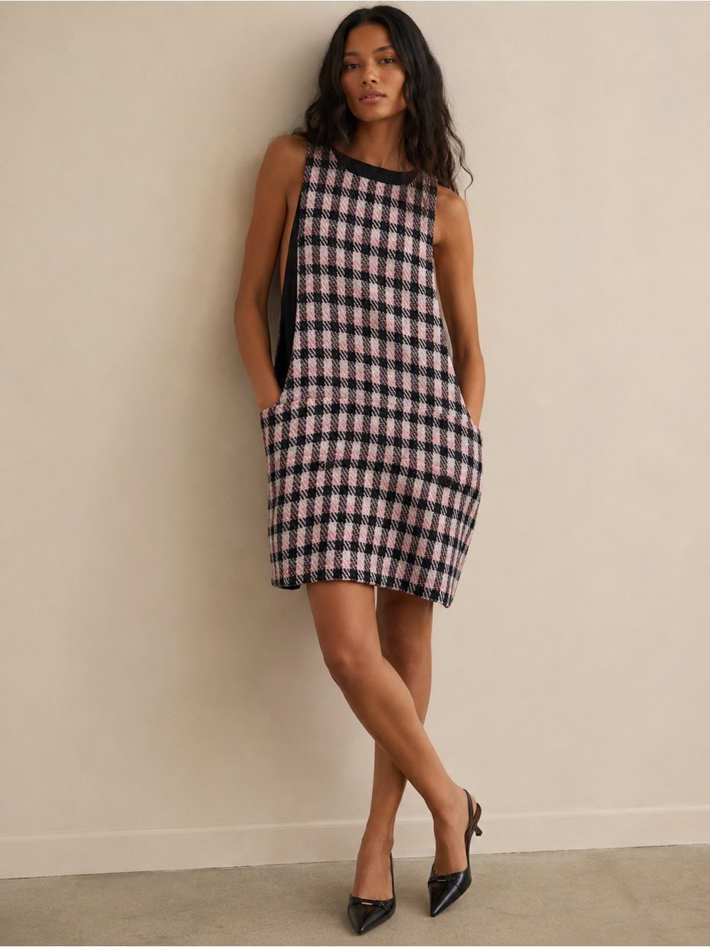 Zara TRF Sleeveless Pink and Black Plaid Academia Shift Dress Size Small